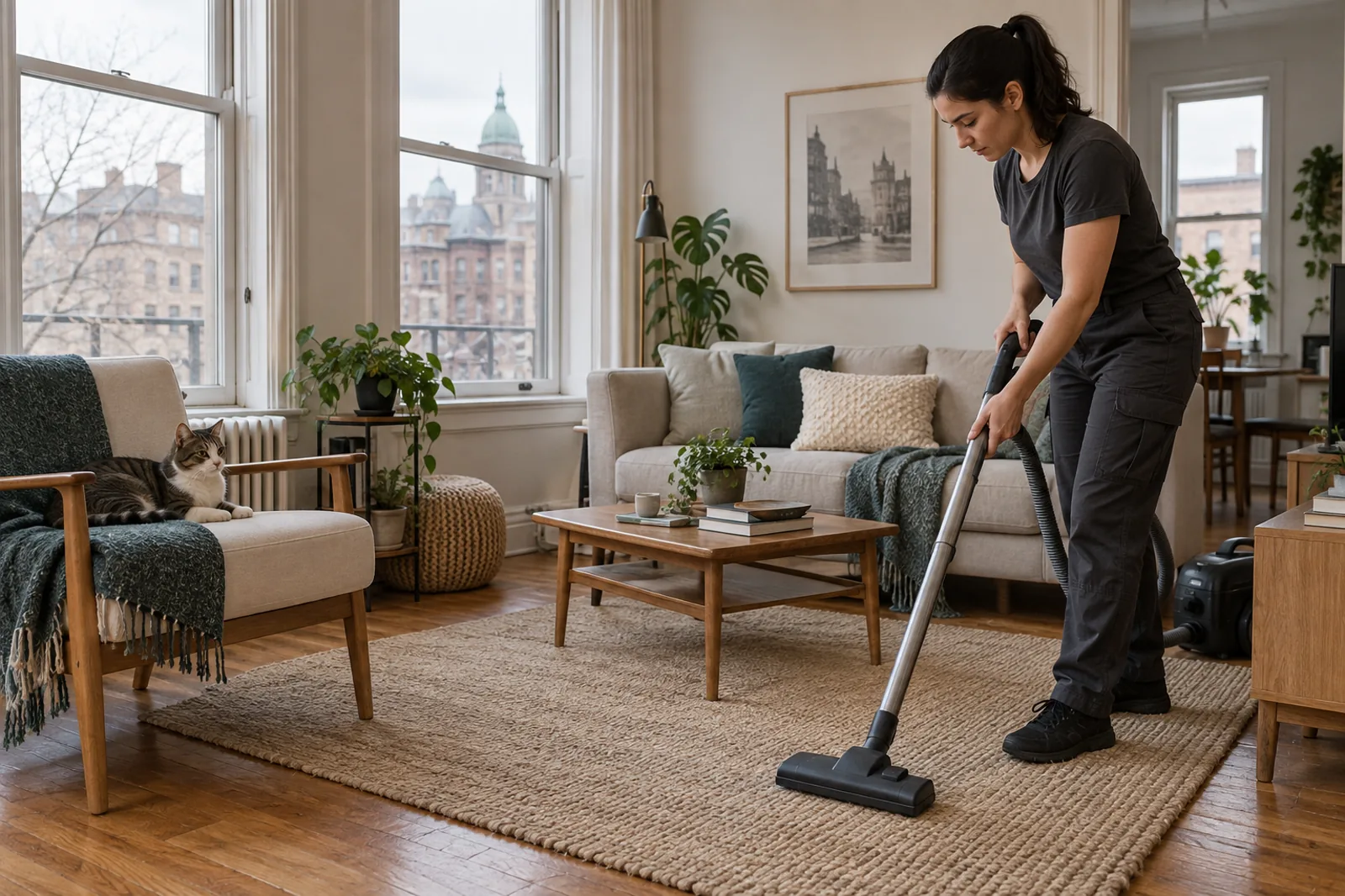 Professionnelle passant l’aspirateur dans un salon montréalais où se repose un chat