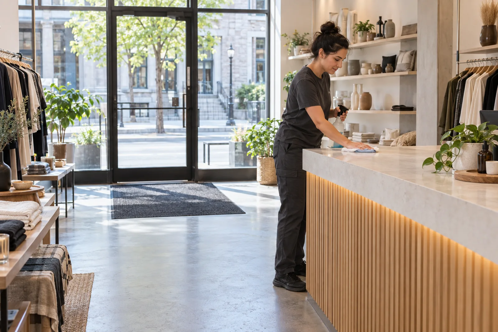 Professionnelle nettoyant le comptoir d’une petite boutique montréalaise
